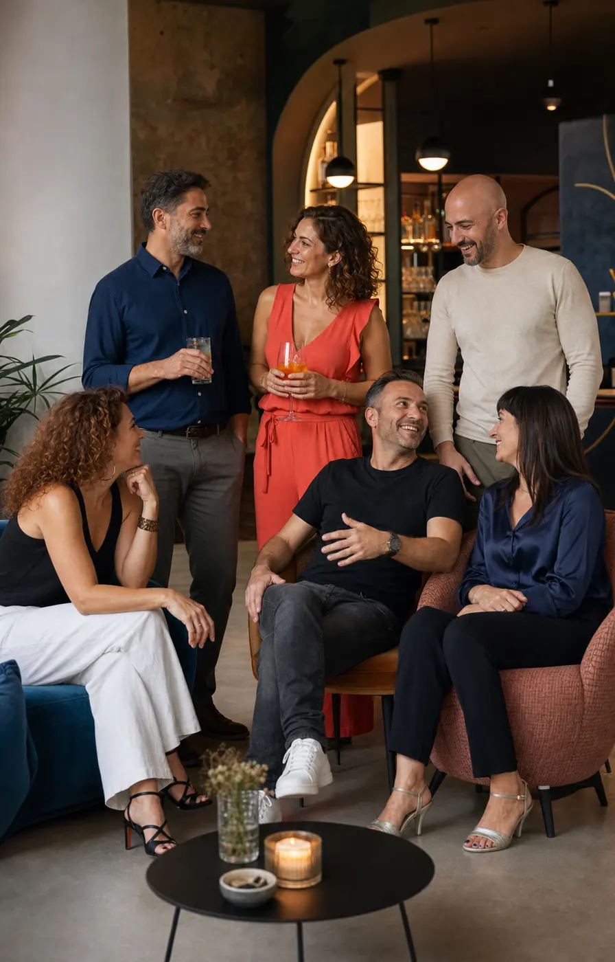 Un gruppo tra i 35 e i 45 anni conversa prima di andare a ballare