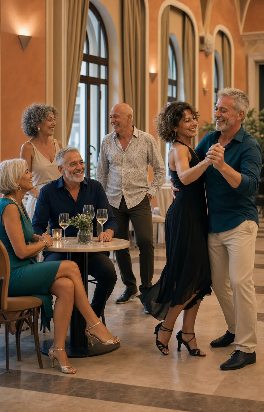 Amici tra i 50 e i 60 anni condividono una serata di ballo