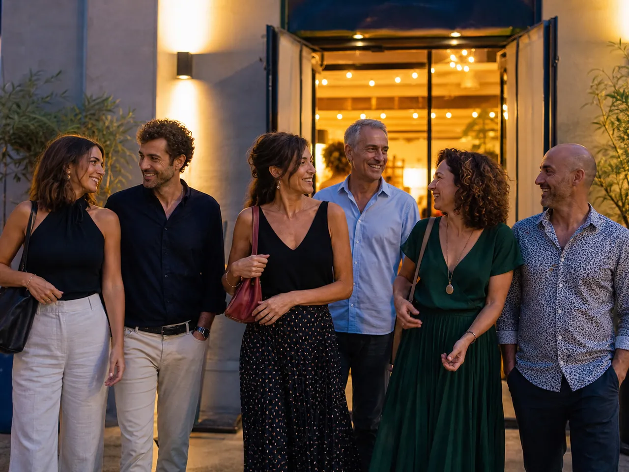 Un gruppo arriva insieme alla serata